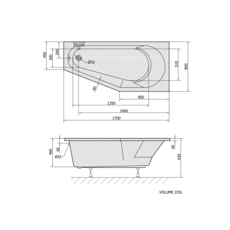 TIGRA R asymetrická vaňa 170x80x46cm, biela mat 90611.11