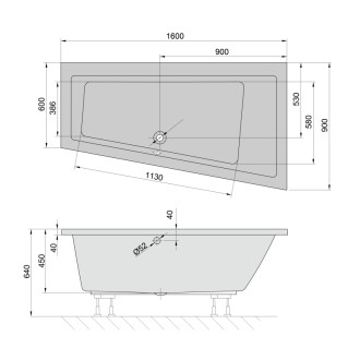ANDRA R asymetrická vaňa 160x90x45cm, biela mat