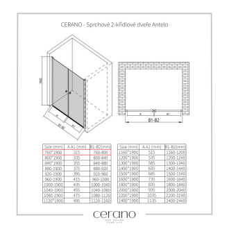 CERANO Sprchové 2-krídlové dvere Antelo L/P chróm, transparentné sklo 76x190 cm CER-432298