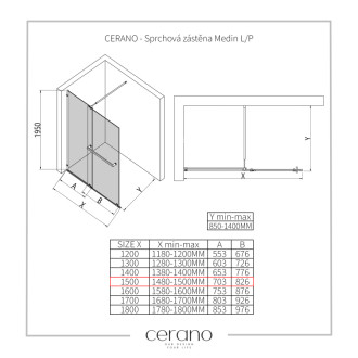 CERANO Sprchová zástena Medin L/P čierna mat, transparent sklo 150x195 dvojdielna pevná