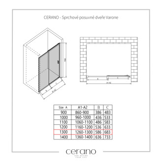 CERANO Sprchové posuvné dvere Varone LINE Ľ/P čierna mat, transparent sklo 130x195