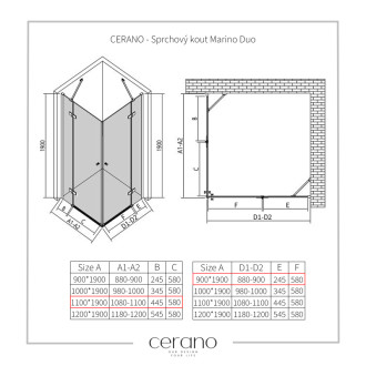 CERANO Sprchovací kút Marino Duo L/P chróm, transparent sklo 110x90 krídlový