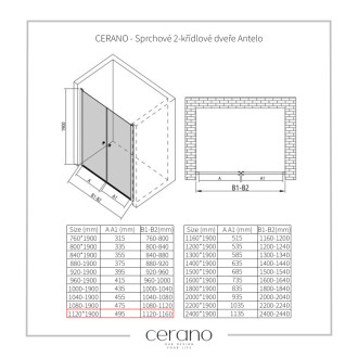 CERANO Sprchové 2-krídlové dvere Antelo L/P čierna mat, transparent sklo 120x190