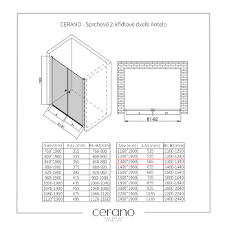 CERANO Sprchové 2-krídlové dvere Antelo L/P čierna mat, transparent sklo 130x190