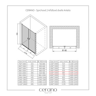 CERANO Sprchové 2-krídlové dvere Antelo L/P chróm, transparent sklo 150x190