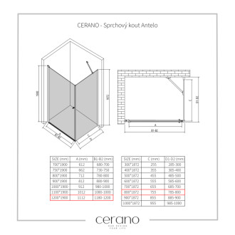 CERANO Sprchovací kút Antelo L/P čierna mat, transparent sklo 120x80 krídlový