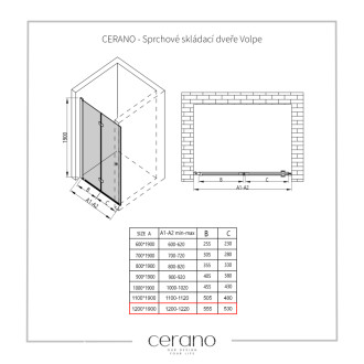 CERANO Sprchové skladacie dvere Volpe L/P čierna mat, transparent sklo 120x190