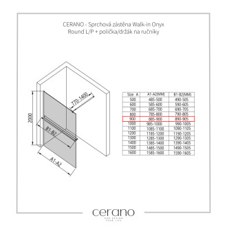 CERANO Sprchová zástena Walk-in Industro L/P + držiak 8mm čierna mat/industriálne sklo 90x200