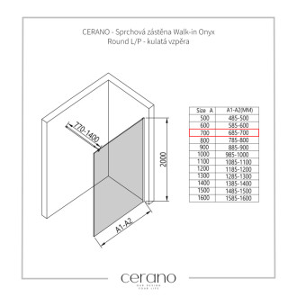 CERANO Sprchová zástena Walk-in Onyx Ľ/P guľatá chróm, ryhované sklo 70x200