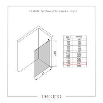 CERANO Sprchová zástena Walk-in Onyx Ľ/P L-ľavá čierna mat, ryhované sklo 150x200