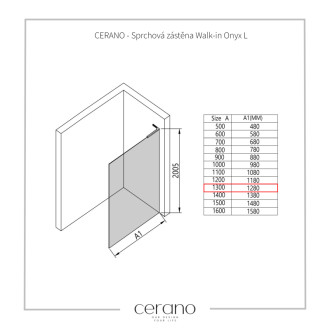 CERANO Sprchová zástena Walk-in Onyx Ľ/P L-ľavá čierna mat, transparent sklo 130x200