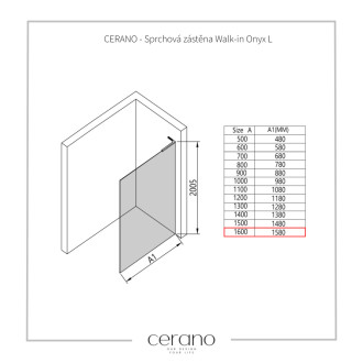 CERANO Sprchová zástena Walk-in Onyx Ľ/P L-ľavá čierna mat, transparent sklo 160x200
