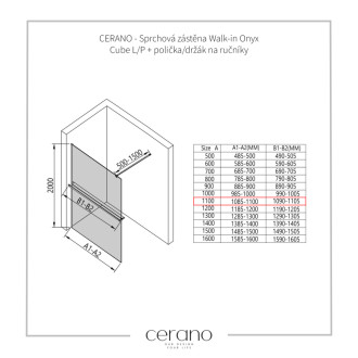 CERANO Sprchová zástena Walk-in Onyx Ľ/P držiak čierna mat, transparent sklo 110x200