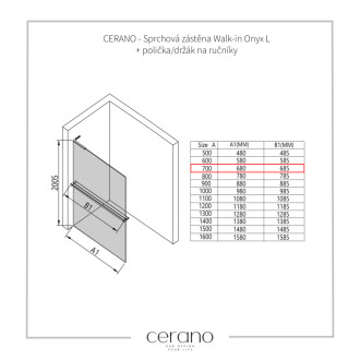 CERANO Sprchová zástena Walk-in Onyx L/P držiak L-ľavá čierna mat, grafitové sklo 70x200