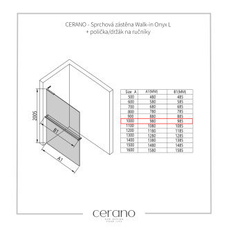 CERANO Sprchová zástena Walk-in Onyx L/P držiak L-ľavá čierna mat, transparent sklo 100x200