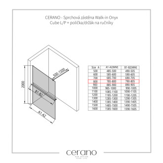 CERANO Sprchová zástena Walk-in Onyx Ľ/P + držiak čierna mat, ryhované sklo 80x200