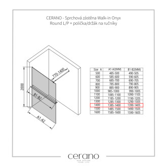 CERANO Sprchová zástena Walk-in Onyx Ľ/P + držiak guľatá čierna mat, ryhované sklo 140x200