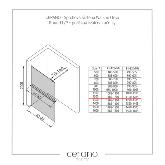 CERANO Sprchová zástena Walk-in Onyx Ľ/P + držiak guľatá chróm, grafitové sklo 130x200