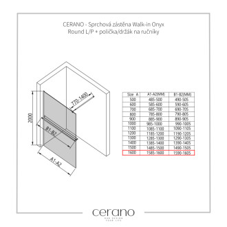 CERANO Sprchová zástena Walk-in Onyx Ľ/P + držiak guľatá chróm, grafitové sklo 160x200