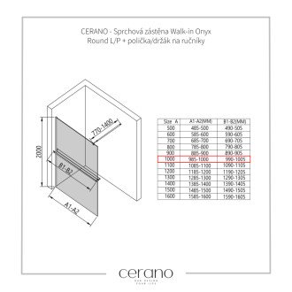 CERANO Sprchová zástena Walk-in Onyx Ľ/P + držiak guľatá chróm, ryhované sklo 100x200