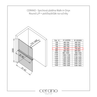 CERANO Sprchová zástena Walk-in Onyx Ľ/P + držiak guľatá chróm, ryhované sklo 80x200