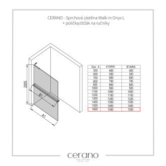 CERANO Sprchová zástena Walk-in Onyx L-ľavá +držiak 8mm čierna mat/industriálne sklo 160x200