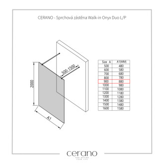 CERANO Sprchová zástena Walk-in Onyx Duo L/P čierna mat, ryhované sklo 90x200