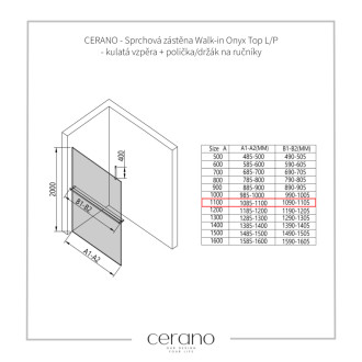 CERANO Sprchová zástena Walk-in Onyx Top Ľ/P držiak čierna mat, grafitové sklo 110x200