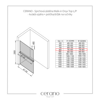 CERANO Sprchová zástena Walk-in Onyx Top Ľ/P držiak čierna mat, transparent sklo 80x200