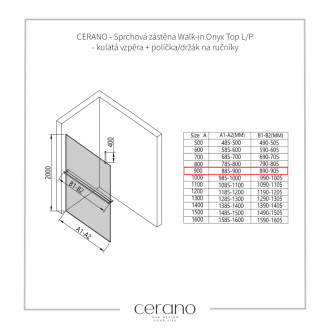 CERANO Sprchová zástena Walk-in Onyx Top Ľ/P držiak čierna mat, transparent sklo 90x200