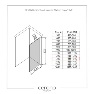 CERANO Sprchová zástena Walk-in Onyx YL/P +držiak chróm/industriálne sklo 130x200