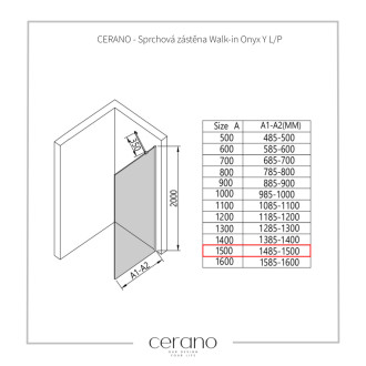 CERANO Sprchová zástena Walk-in Onyx YL/P +držiak chróm/industriálne sklo 150x200