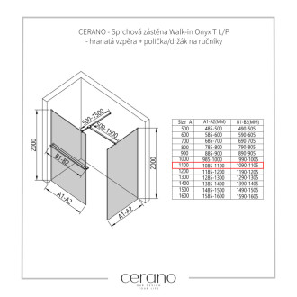 CERANO Sprchová zástěna Walk-in Onyx T L/P +držák černá mat, grafitové sklo 110x50