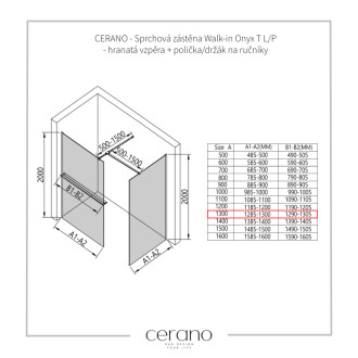 CERANO Sprchová zástěna Walk-in Onyx T L/P +držák černá mat, rýhované sklo 130x50