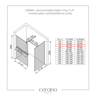 CERANO Sprchová zástěna Walk-in Onyx T L/P +držák černá mat, rýhované sklo 70x70