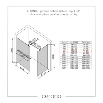 CERANO Sprchová zástěna Walk-in Onyx T L/P +držák černá mat, rýhované sklo 80x80