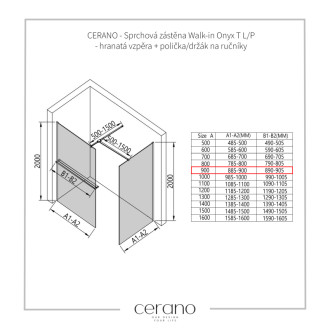 CERANO Sprchová zástěna Walk-in Onyx T L/P +držák černá mat, rýhované sklo 90x50