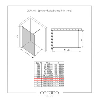CERANO Sprchová zástěna Walk-in Moreli L/P černá mat, transparent sklo 130x200