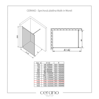 CERANO Sprchová zástěna Walk-in Moreli L/P černá mat, transparent sklo 140x200
