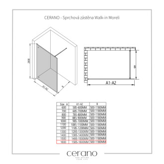 CERANO Sprchová zástěna Walk-in Moreli L/P černá mat, transparent sklo 160x200