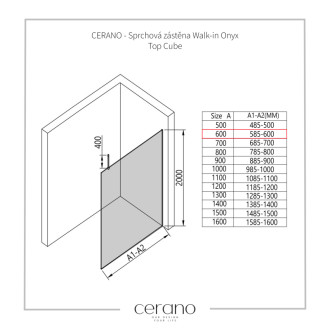 CERANO Sprchová zástěna Walk-in Onyx Top Cube L/P  chrom, grafitové sklo- 60x200