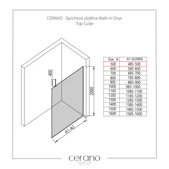 CERANO Sprchová zástěna Walk-in Onyx Top Cube L/P  chrom, mléčné sklo 50x200
