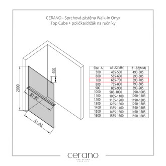 CERANO Sprchová zástěna Walk-in Onyx Top Cube L/P +držák černá mat, grafitové sklo 70x200