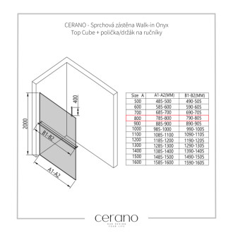 CERANO Sprchová zástěna Walk-in Onyx Top Cube L/P +držák černá mat, grafitové sklo 80x200