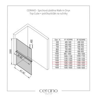 CERANO Sprchová zástěna Walk-in Onyx Top Cube L/P +držák černá mat, rýhované sklo 140x200