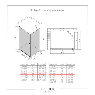 CERANO Sprchový kout Antelo L/P černá mat, transparent sklo 90x70 křídlový