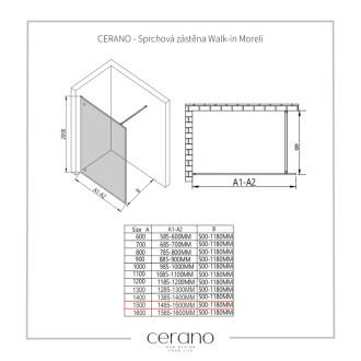 CERANO Sprchová zástěna Walk-in Moreli L/P +držák černá mat, transparent sklo 150x200
