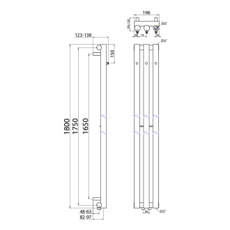PILON otopné těleso 196x1800mm, se třemi háčky pro ručník, bílá mat
