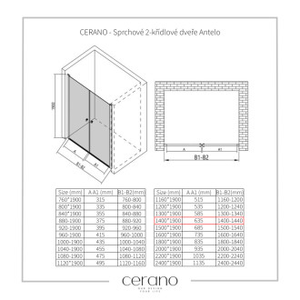 CERANO Sprchové 2-křídlové dveře Antelo L/P černá mat, transparent sklo 140x190