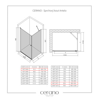CERANO Sprchový kout Antelo L/P černá mat, transparent sklo 70x90 křídlový